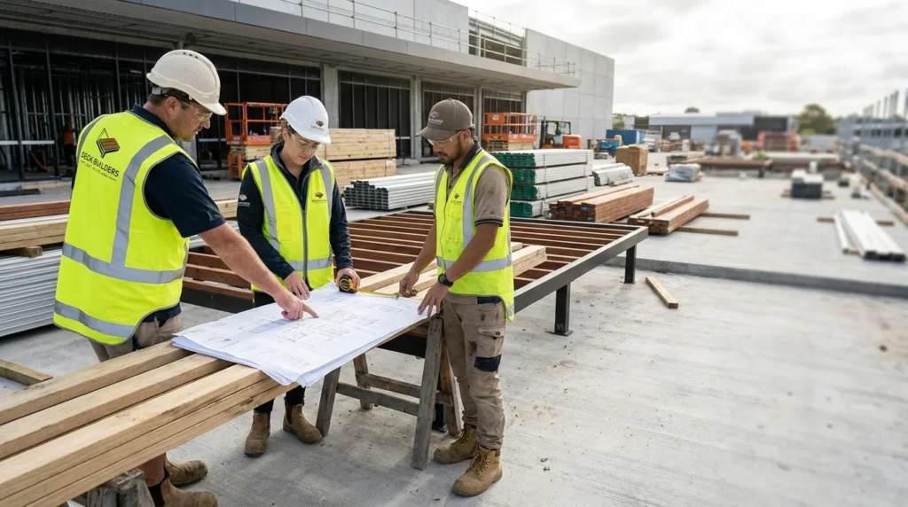 Three professional timber deck builders in East Auckland reviewing architectural plans on a commercial job site.