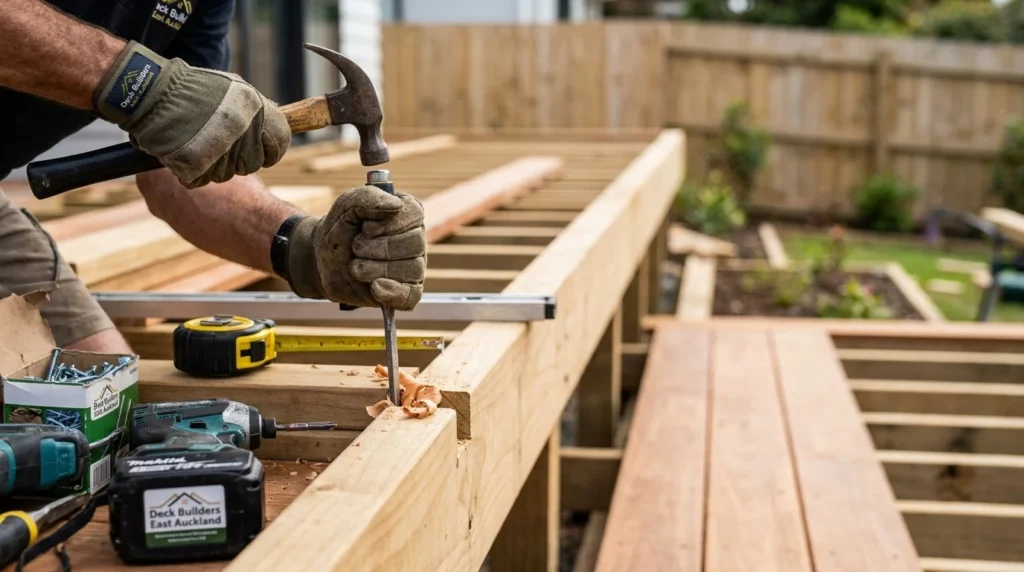 Close up of a skilled craftsman shaping timber framing during custom deck design projects by deck builders East Auckland.