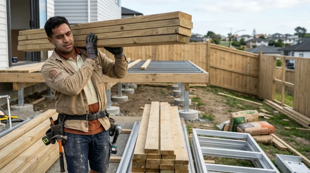 A professional builder carrying timber planks for timber deck construction projects handled by deck builders East Auckland.