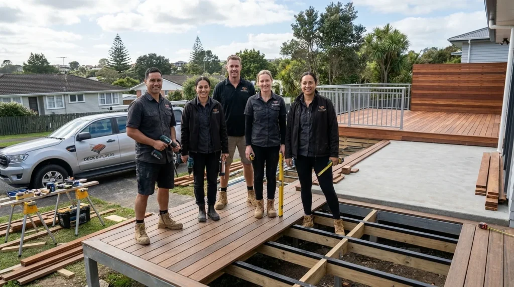A professional team of five timber deck builders in East Auckland posing on a residential construction site.